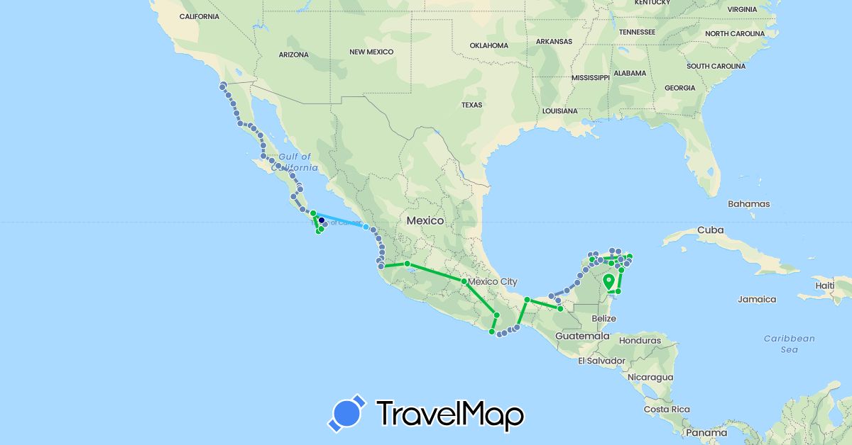 TravelMap itinerary: driving, bus, cycling, boat in Mexico (North America)